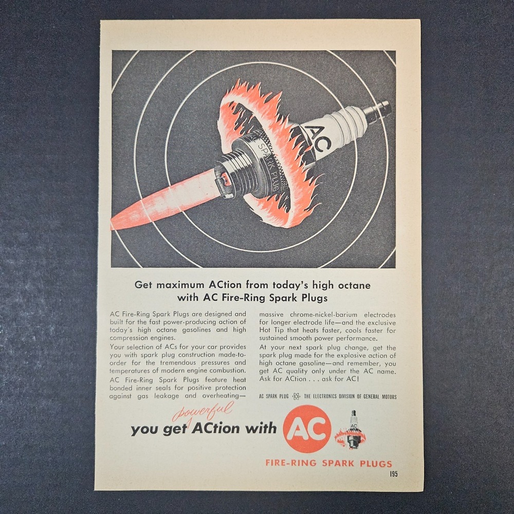 1961 AC Fire-Ring Spark Plugs Vintage Print Ad Electronics Division GM Mancave